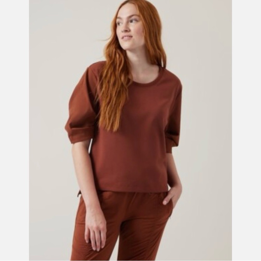 Athleta Harlow Hybrid Tee Shirt T-Shirt‎ Puff Sleeves SZ Small in Rust